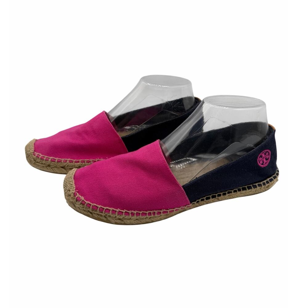 Tory Burch Colorblock Pink Navy Canvas Espadrille Flats Jute Double T Logo Sz 9